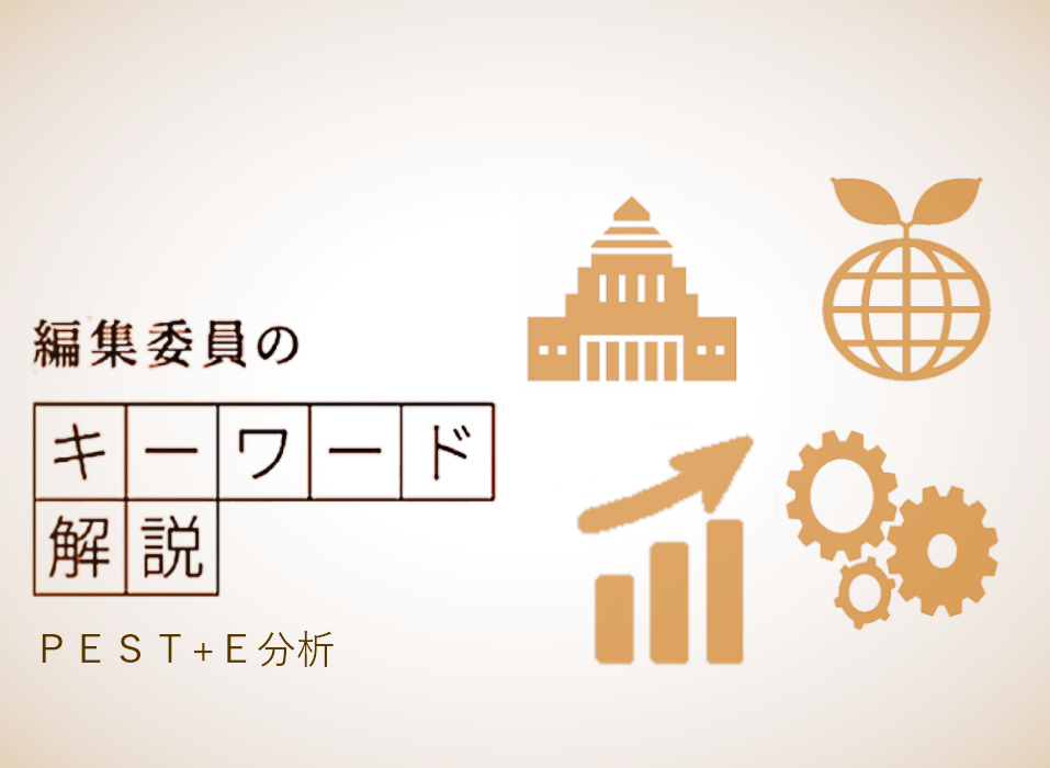 PEST(ペスト)＋E分析を解説。政治（Politics）、経済（Economy）、社会（Society）、技術（Technology）に加え、自然環境（Ecologyまたは Environment）を加えた5要素から経営上の課題を洗い出します。