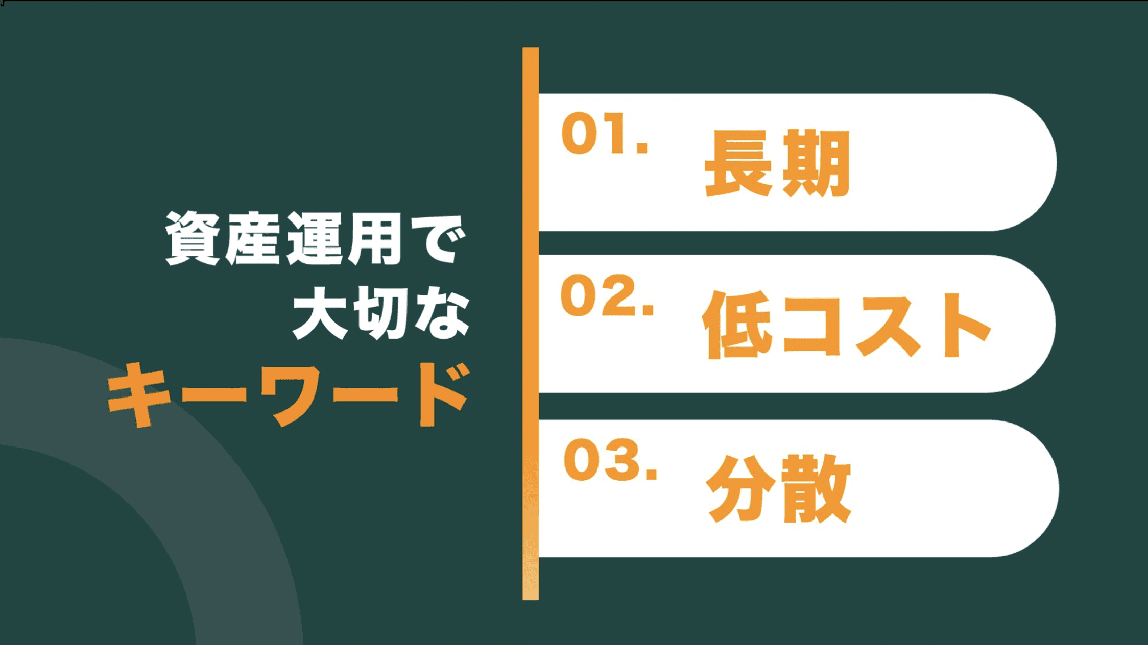 資産運用で大切なキーワード 01.長期 02.低コスト 03.分散